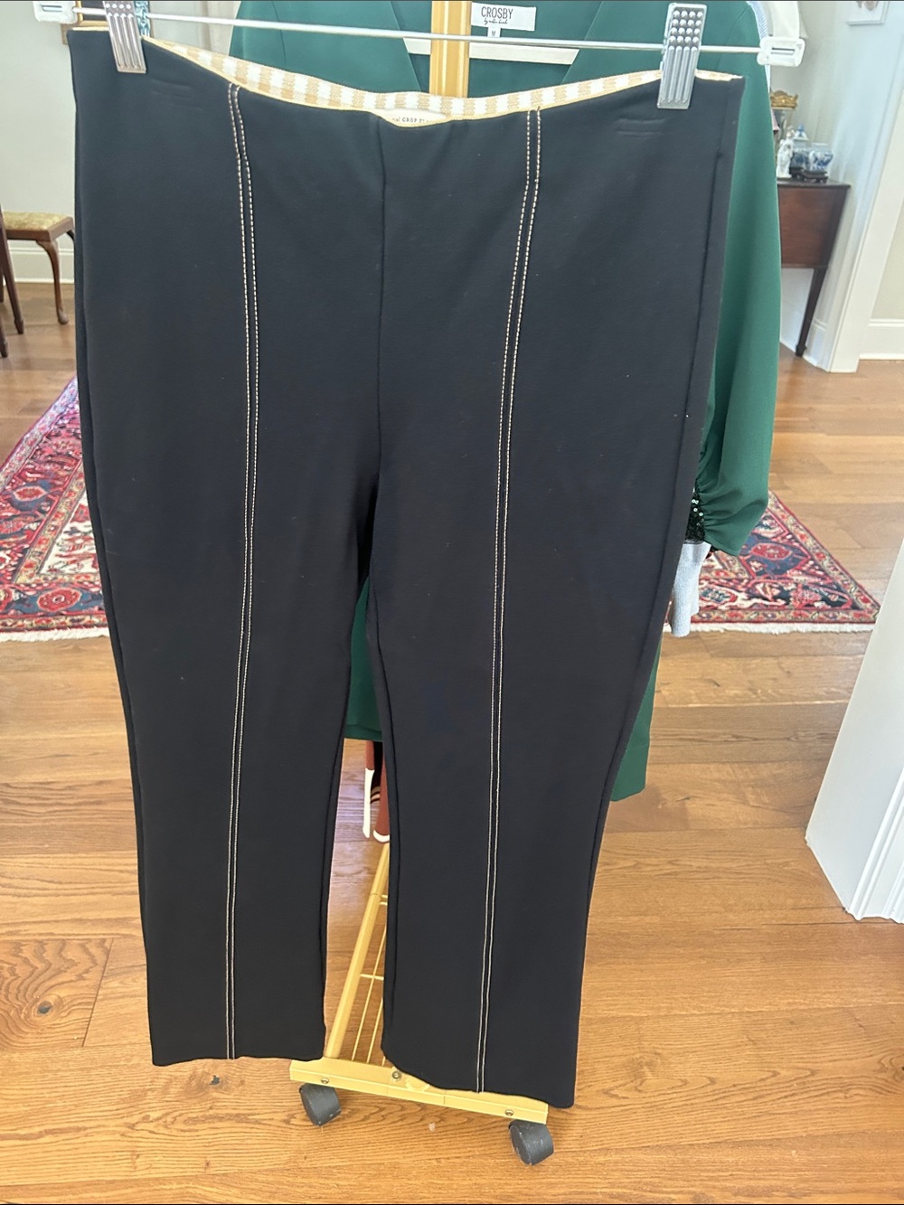 Anthropologie Black Straight-Leg Ponte Pants with Cream Contrast Stitching